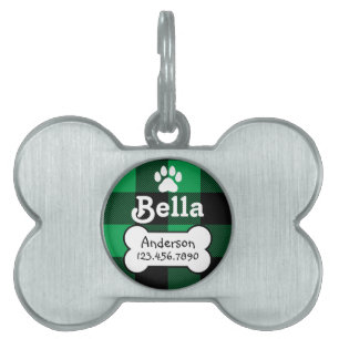 Médaillons Pour Animaux Domestiques Buffalo Plaid vert et noir Custom Dog Bone
