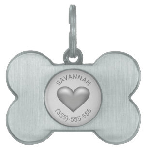 Médaillons Pour Animaux Domestiques Coeur couleur gris argent avec nom et numéro de té