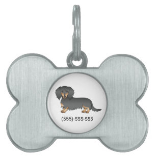 Médaillons Pour Animaux Domestiques Dachshund noir et feu à poil long et numéro