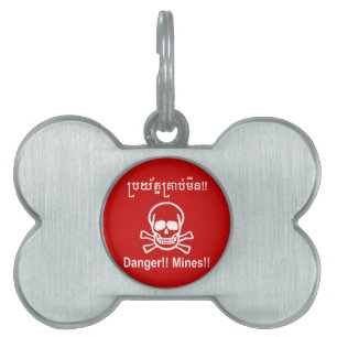 Médaillons Pour Animaux Domestiques Danger ! ! Les mines ! ! SYMBOLE ☠ Cambodgien Khme