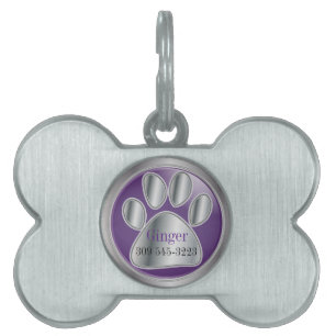Médaillons Pour Animaux Domestiques Empreinte de patte violet et argenté   Personnalis
