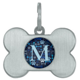 Médaillons Pour Animaux Domestiques Empreintes de pattes et os en bleu monogramme