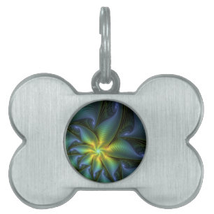Médaillons Pour Animaux Domestiques Étoile abstraite, art fractal doré bleu vert brill