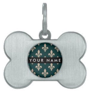 Médaillons Pour Animaux Domestiques Fleur de Lis, Beige sur Vert, Royal, Votre Nom