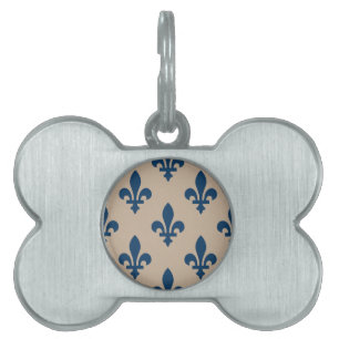 Médaillons Pour Animaux Domestiques Fleur de Lis Motif, Royal French Blue sur Crème