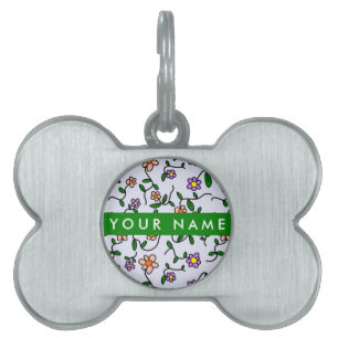Médaillons Pour Animaux Domestiques Fleurs Colorées, Fond Bleu, Vert