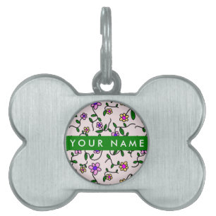 Médaillons Pour Animaux Domestiques Fleurs Colorées, Fond Rose, Vert