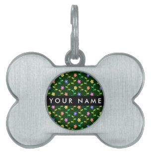 Médaillons Pour Animaux Domestiques Fleurs Colorées, Fond Vert, Noir