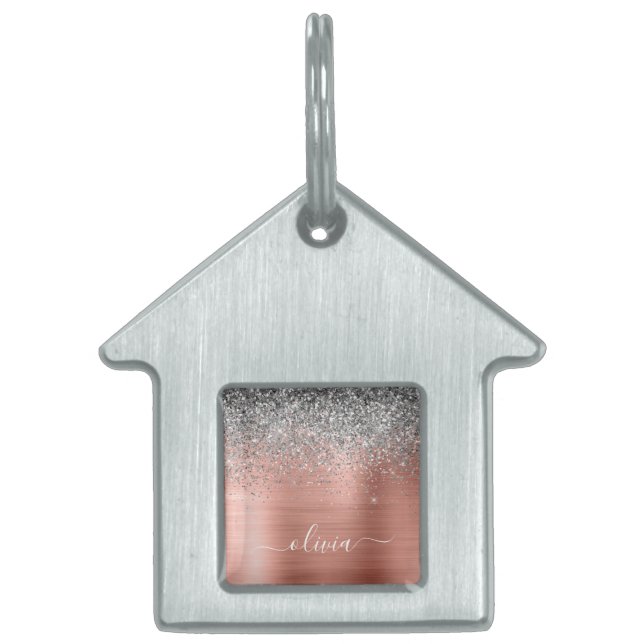 Médaillons Pour Animaux Domestiques Monogramme de Parties scintillant d'argent en méta (Devant)