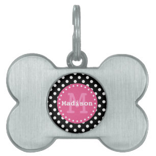 Médaillons Pour Animaux Domestiques Monogramme noir blanc Pois rose
