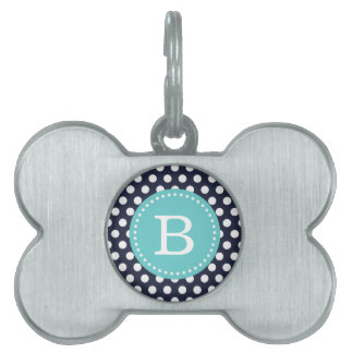 Médaillons Pour Animaux Domestiques Monogramme sur mesure des points marine et turquoi