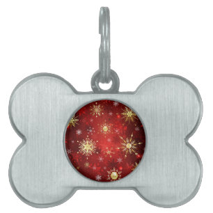 Médaillons Pour Animaux Domestiques Noël Golden Snowflakes sur Arrière - plan rouge