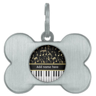 Médaillons Pour Animaux Domestiques Notes musicales et touches de piano Noir et Or
