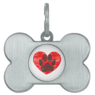 Médaillons Pour Animaux Domestiques Paw Chien Croquis Dans Le Coeur Rouge