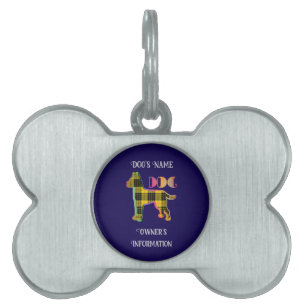 Médaillons Pour Animaux Domestiques Personnaliser Jaune Plaid Dk Blue DOG Bone