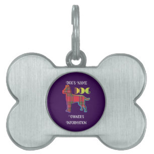 Médaillons Pour Animaux Domestiques Personnaliser Red Plaid Purple DOG Bone