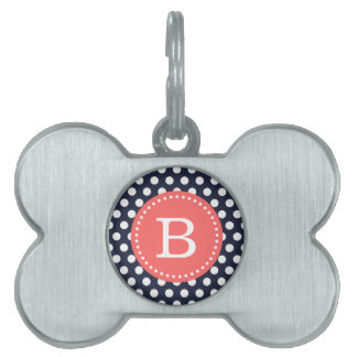 Médaillons Pour Animaux Domestiques Points bleu marine et corail Monogramme personnali