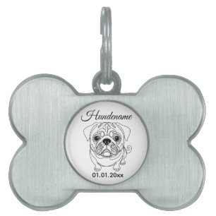 Médaillons Pour Animaux Domestiques Pug Minimaliste Ligne d'Art Personnalisée