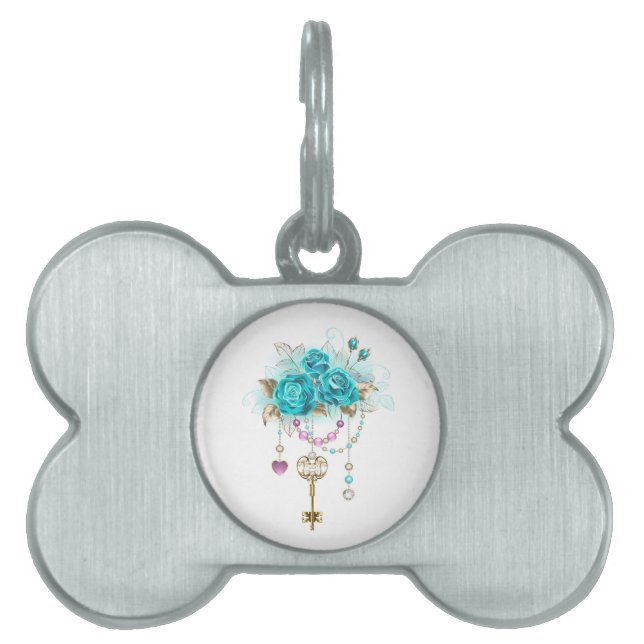 Médaillons Pour Animaux Domestiques Roses turquoise avec touches (Devant)