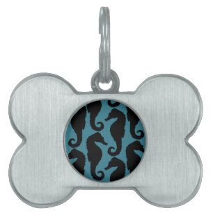 Médaillons Pour Animaux Domestiques Silhouettes tropicales d'hippocampe - bleu noir