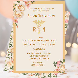 Médicale Caduceus Floral Grad Party Invitation
