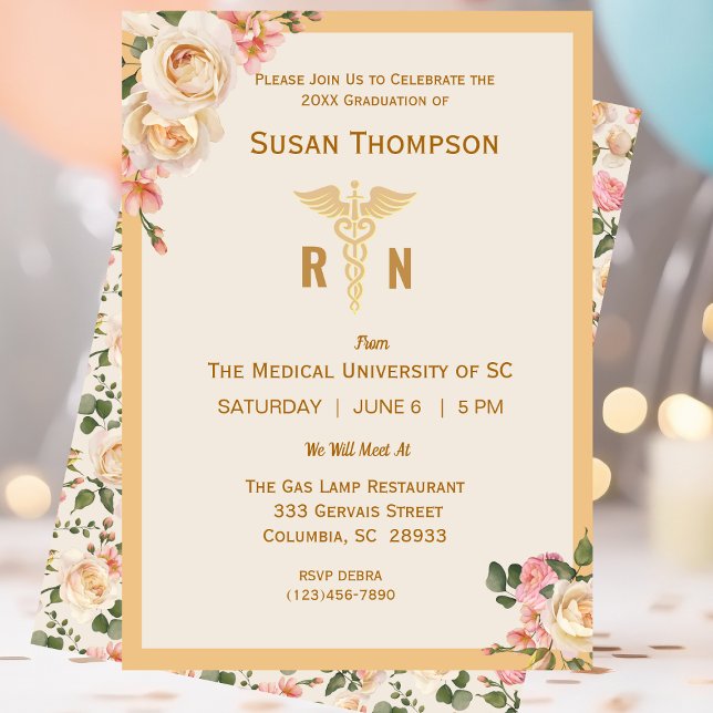 Médicale Caduceus Floral Grad Party Invitation (Créateur téléchargé)