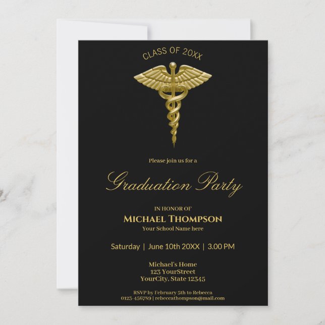 Médicale Gold Caduceus Black Graduation Invitation (Devant)