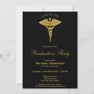 Médicale Gold Caduceus Black Graduation Invitation