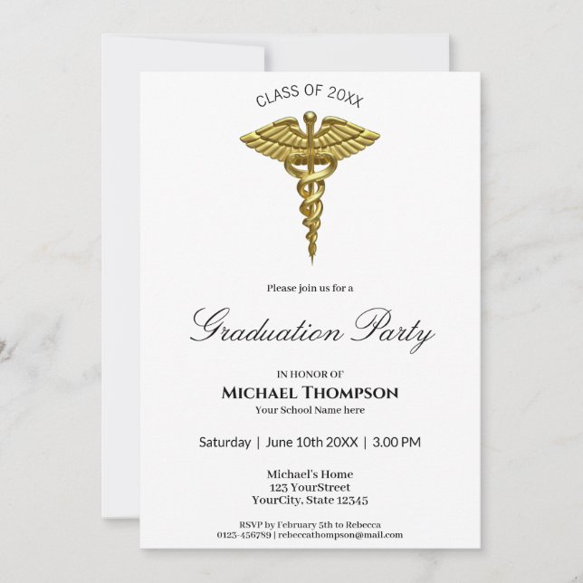 Médicale Gold Caduceus White Graduation Invitation (Devant)
