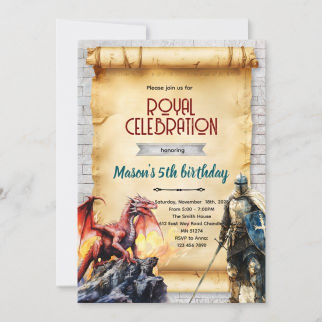 Medieval knight and dragon invitation (Devant)
