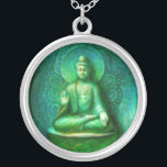 Méditation Bouddha Vert Collier pendentif rond<br><div class="desc">Un Bouddha vert envoie ses bénédictions alors qu'il s'assoit dans la méditation. Collier reproduit de la peinture spirituelle "Bouddha vert" de Sue Halstenberg.</div>