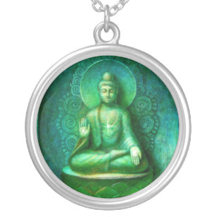 Méditation Bouddha Vert Collier pendentif rond