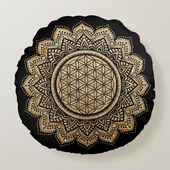 Méditation Coussin Fleur de vie Mandala Gold (Devant)