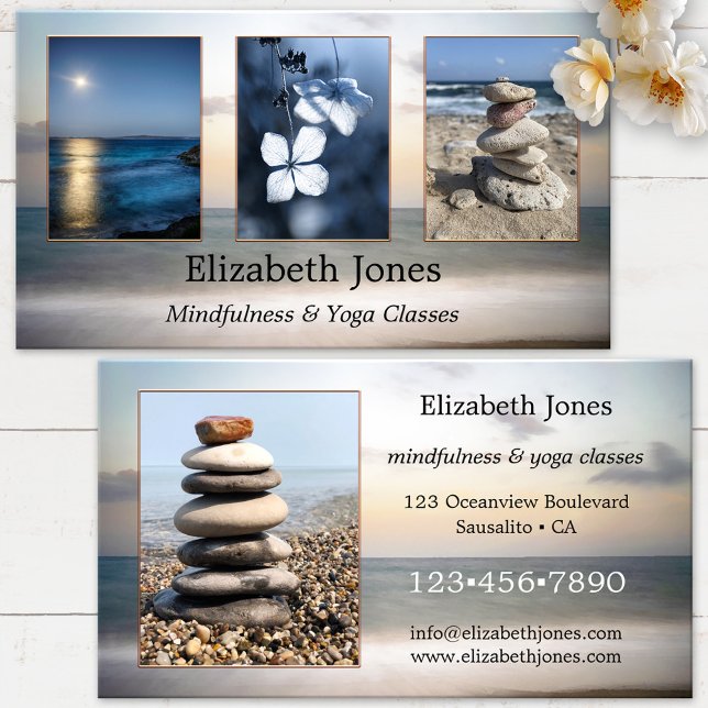 Méditation Yoga Vos photos Carte de visite (Beach photo business card - massage therapist, reiki healer, meditation instructor or yoga teacher)