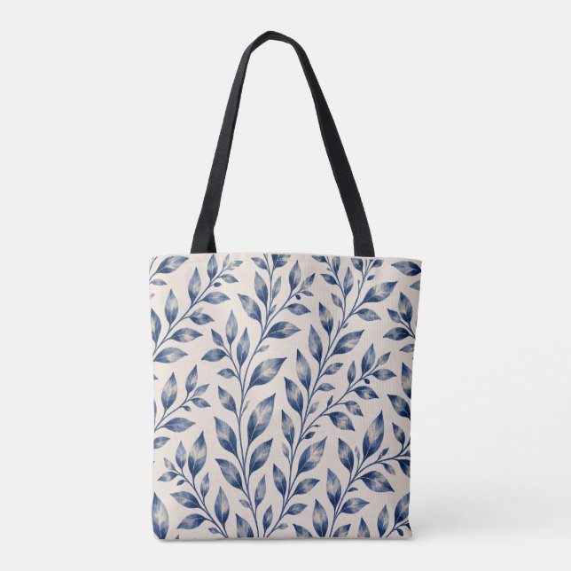 Mediterranean Blue Watercolor Foliage Tote Bag (Dos)