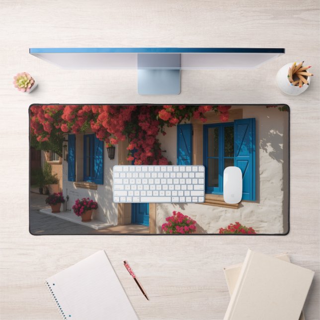 Mediterranean Blue Window Floral House Desk Mat (Bureau 1)