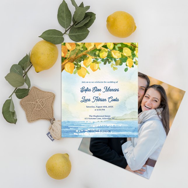 Mediterranean Coastal Photo Lemon Wedding Invite (Mediterranean Lemon Grove Watercolor Wedding Invitation with Photo Back | Coastal Amalfi Theme)
