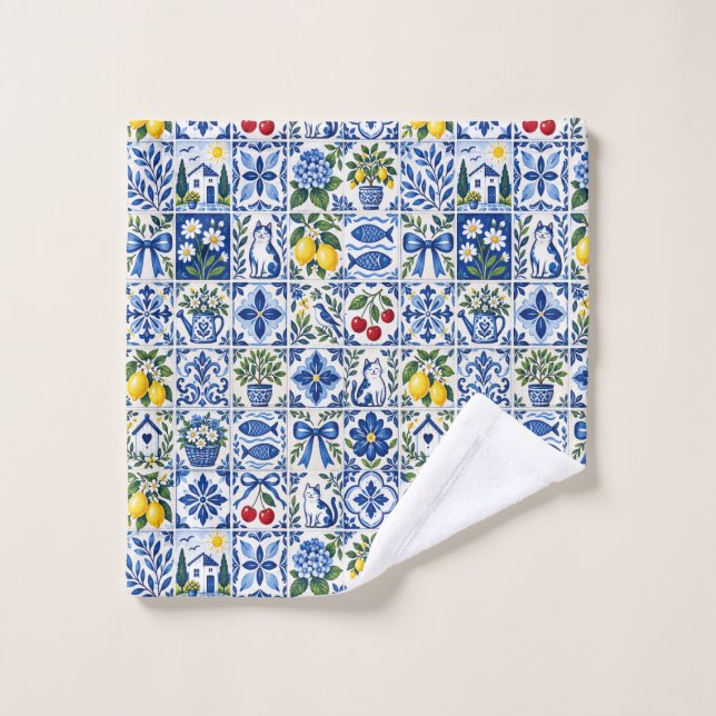 Mediterranean Lemon & Cobalt Blue Tile Garden (Gant de toilette)