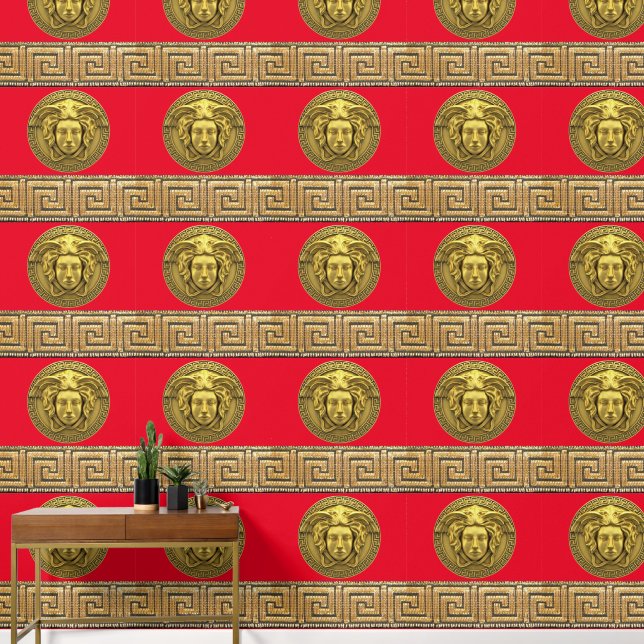 Medusa et clé grecque or sur papier peint designer (Couloir)