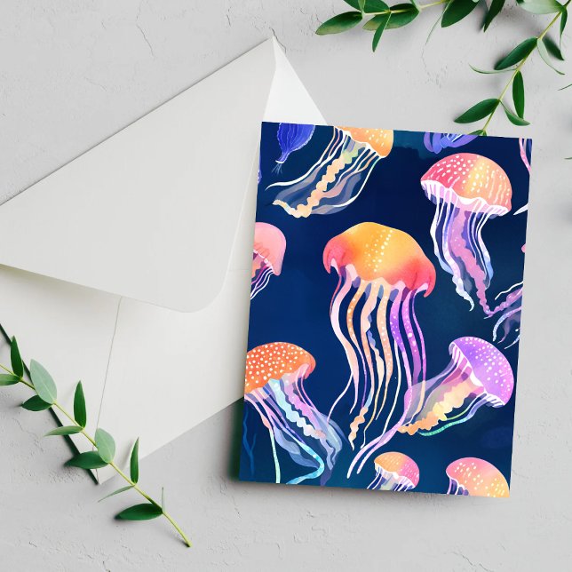 Méduse Colorée | Carte Aquarelle Animal Marin (Créateur téléchargé)