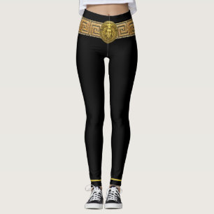 Méduse dorée et clé grecque sur leggings noirs