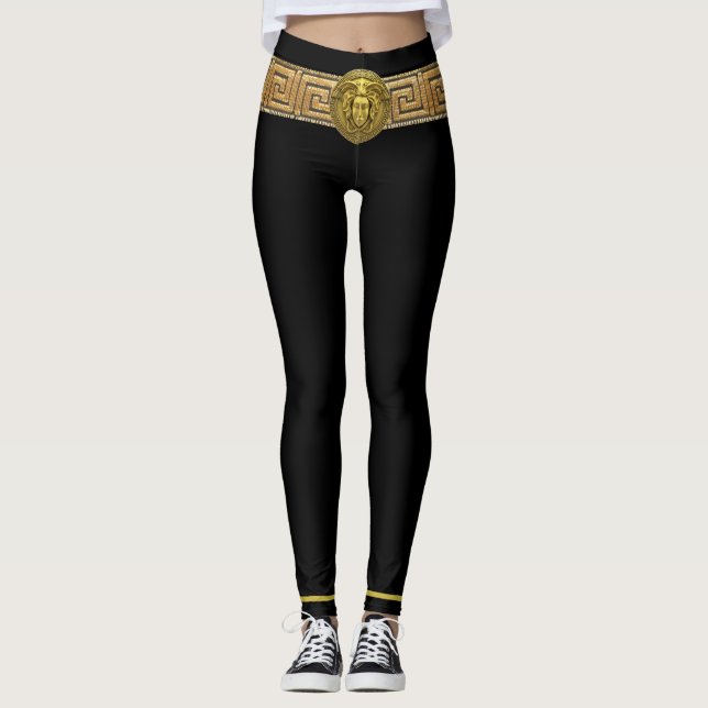 Méduse dorée et clé grecque sur leggings noirs (Devant)
