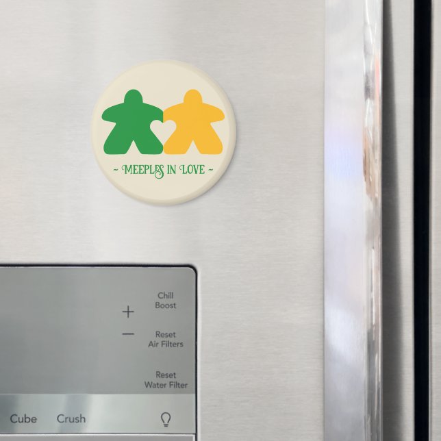 Meeples en amour, aimant vert et jaune (In situ (réfrigérateur))