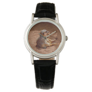 Meerkat Lazy Days, Mesdames Montre En Cuir Noir.