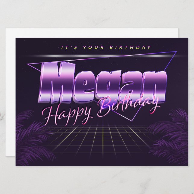 Megan Nom Prénom lila retro Carte Anniversaire (Devant / Derrière)