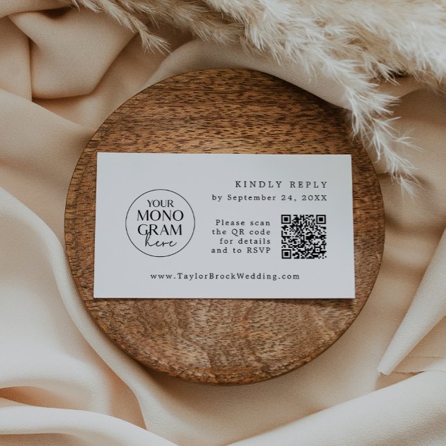 MEGHAN Monogramme QR Noir Blanc Mariage Cartes RSV (MEGHAN Monogram QR Black White Wedding RSVP Cards)