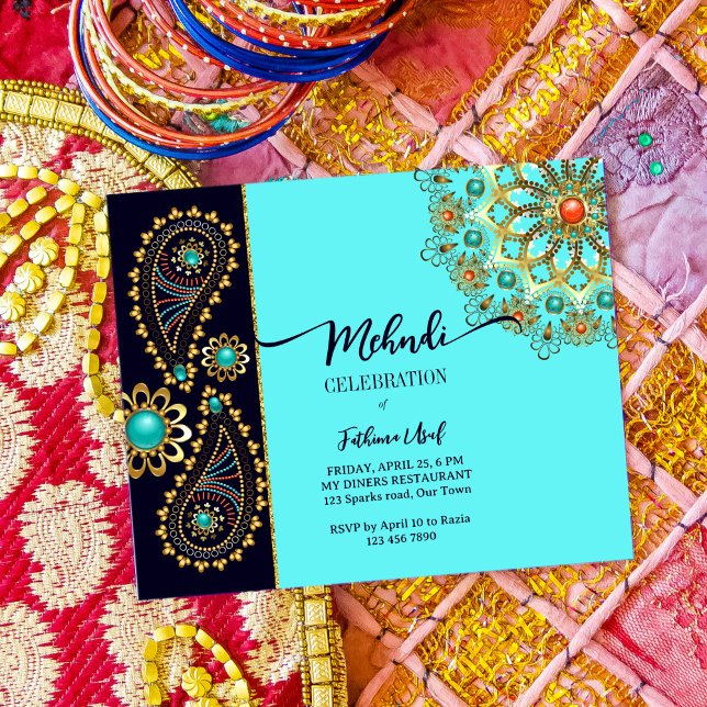 Mehndi bleu or bijoux cachemire budget invitation (Créateur téléchargé)