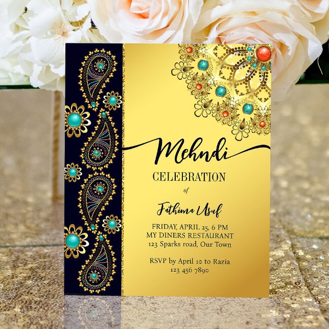 Mehndi bleu or bijoux cachemire budget invitation (Créateur téléchargé)