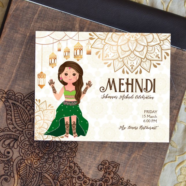 Mehndi budget invitation avec mignonne mariée indi (Créateur téléchargé)