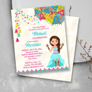 Mehndi budget invitation rose bleu mignon fille in